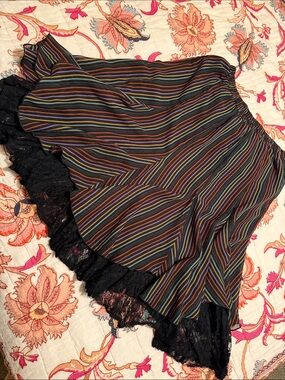 Striped Midi Skirt with Black Lace Trim - Multi